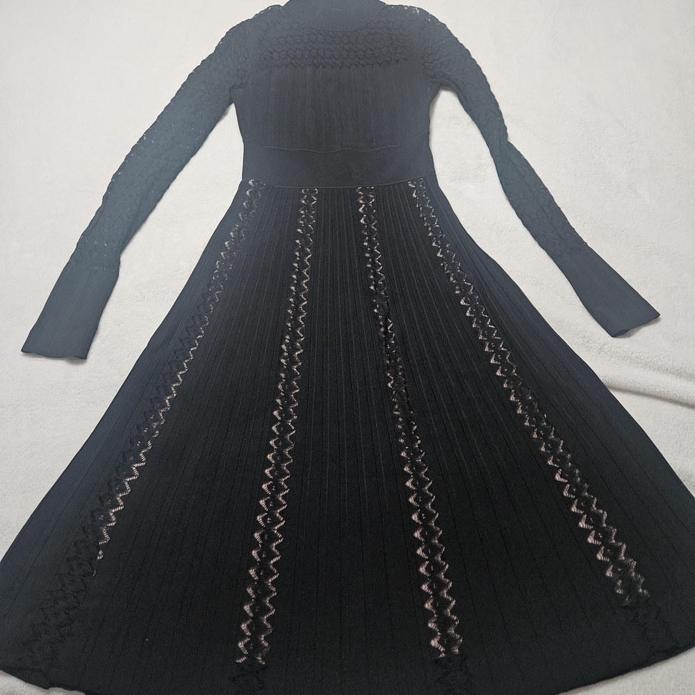 ME+Em Women’s Black Long-Sleeve Knit Midi Dress with Lace-Striped Panels